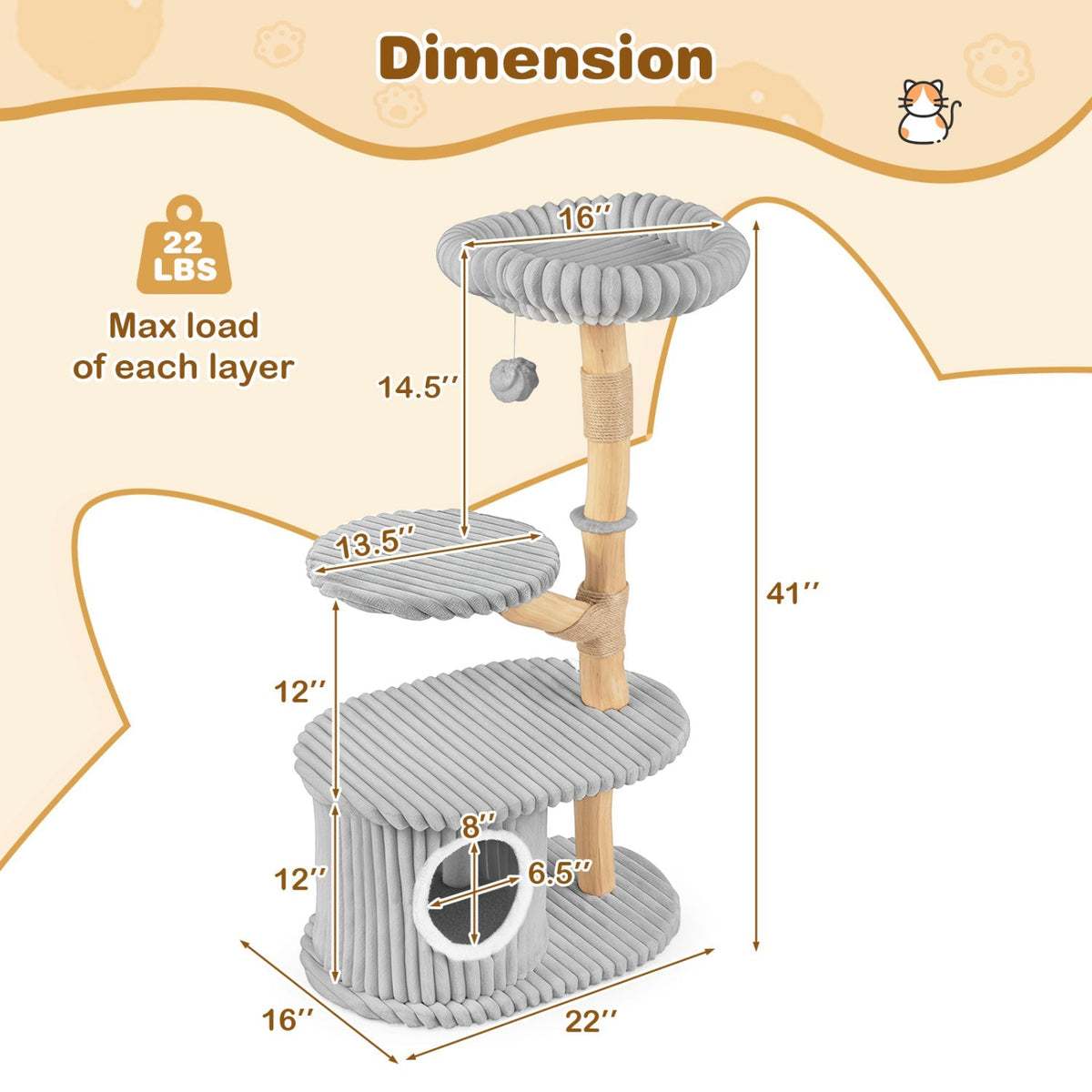 41-Inch Cat Tower with Real Wood Branches & Scratching Posts