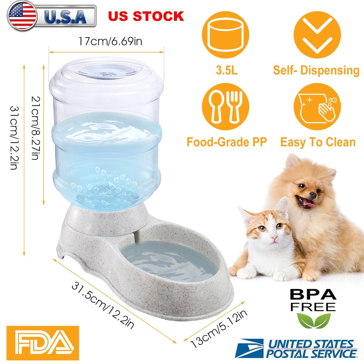 3.5L/1Gal Pet Water Dispenser Self-Dispensing Gravity Pets Water Feeder Automatic Pet Waterer Cat Dog